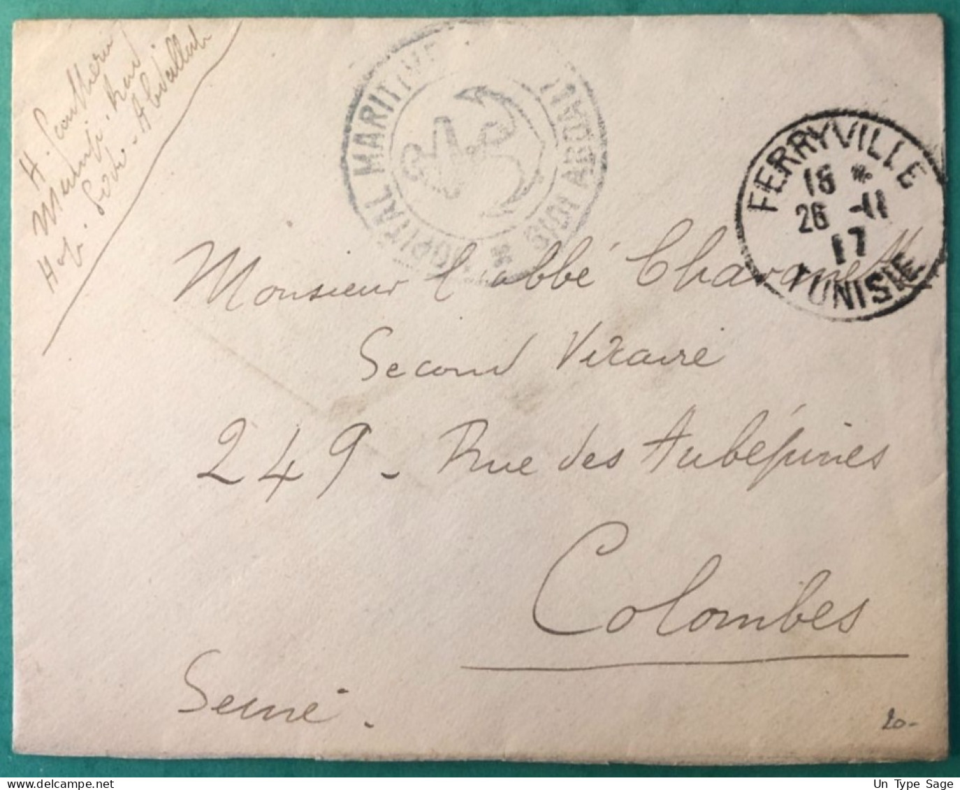 Tunisie, Divers Sur Enveloppe TAD FERRYVILLE 26.11.1917 + Cachet HOPITAL MARITIME - (A1010) - Cartas & Documentos