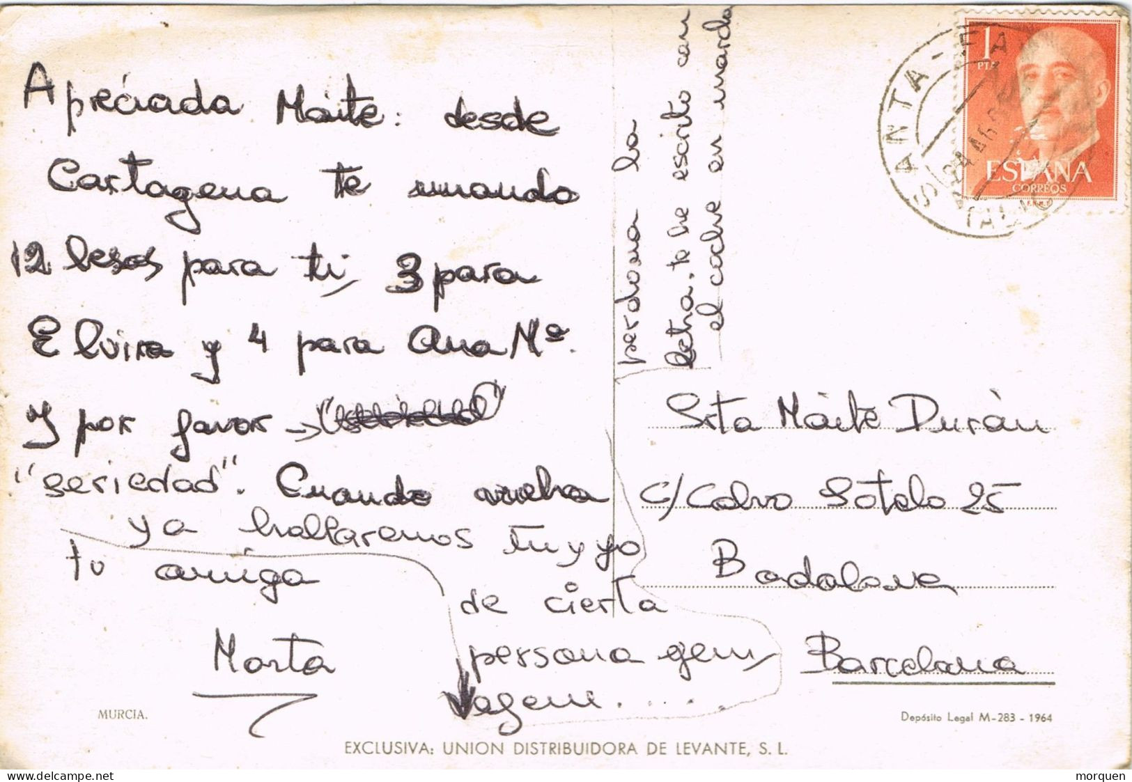 54715. Postal SANTA FAZ (Alicante) 1960. Vistas De Murcia. RARO Origen - Briefe U. Dokumente