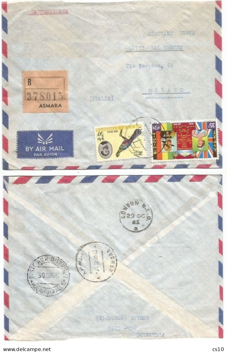 NO DIRECT FLIGHTS!!!  Ethiopia Airmail Registered Commerce Cover Asmara 23oct1965 VIA LONDON 29OCT To Italy Milano 30oct - Etiopía