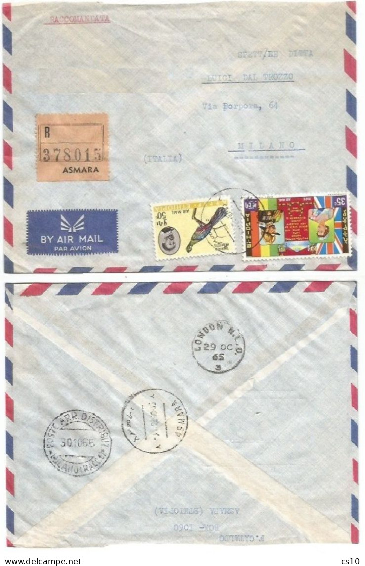 NO DIRECT FLIGHTS!!!  Ethiopia Airmail Registered Commerce Cover Asmara 23oct1965 VIA LONDON 29OCT To Italy Milano 30oct - Ethiopie