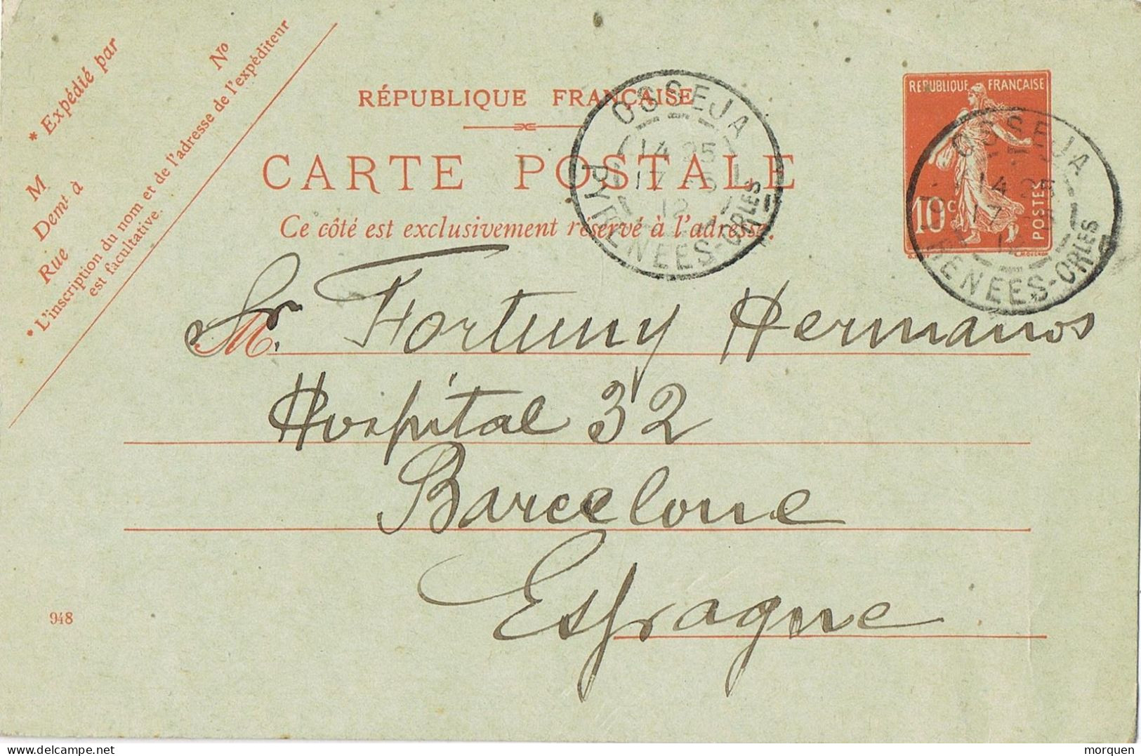 54717. Entero Postal OSSEJA (Pyrenees Orientales) 1912. Semeuse Camée - PAM