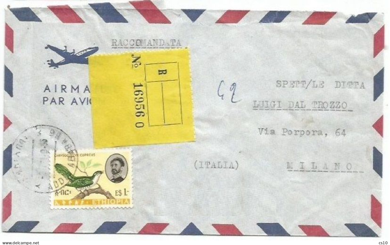 Ethiopia Airmail Registered Commerce Cover Asmara 3jan1966 To Italy With Birds E$ 1 Solo Franking - Ethiopië