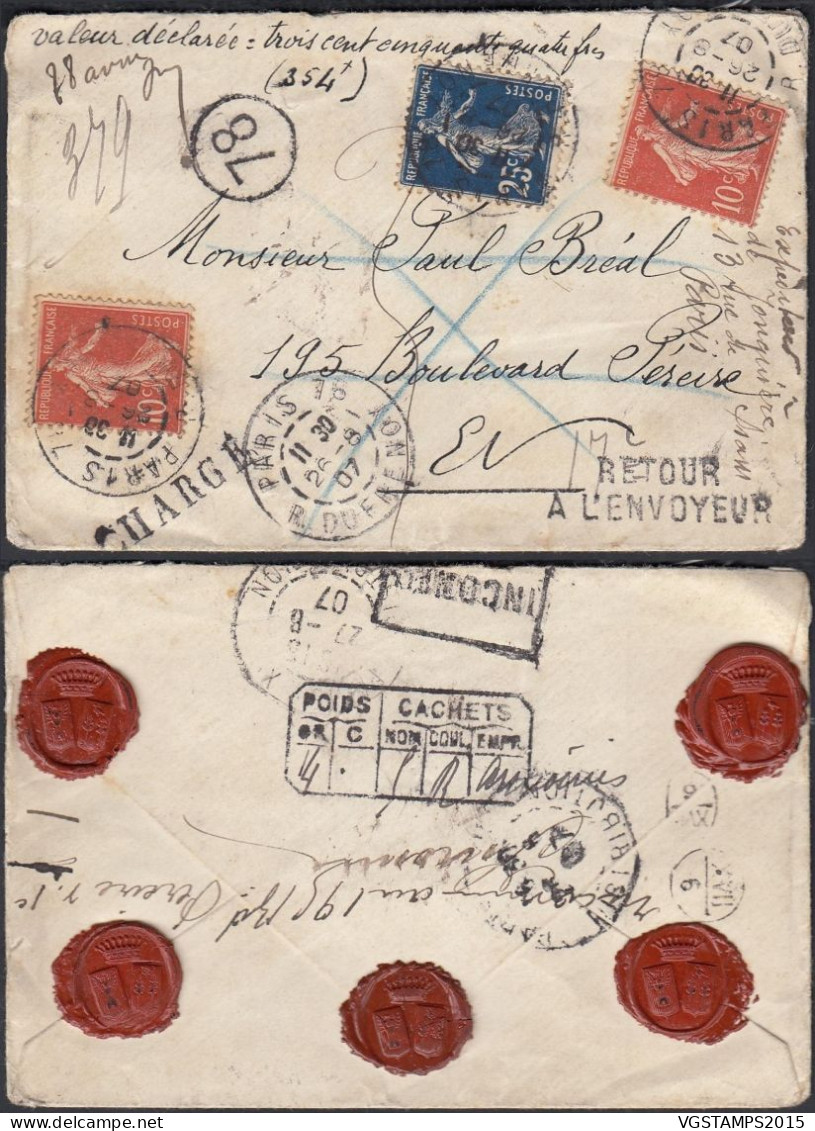 France 1907 - Lettre Avec Timbres Semeuse Avec Plusieurs Griffes. Jolie Lettre .......... (EB) AR-02412 - 1903-60 Sower - Ligned