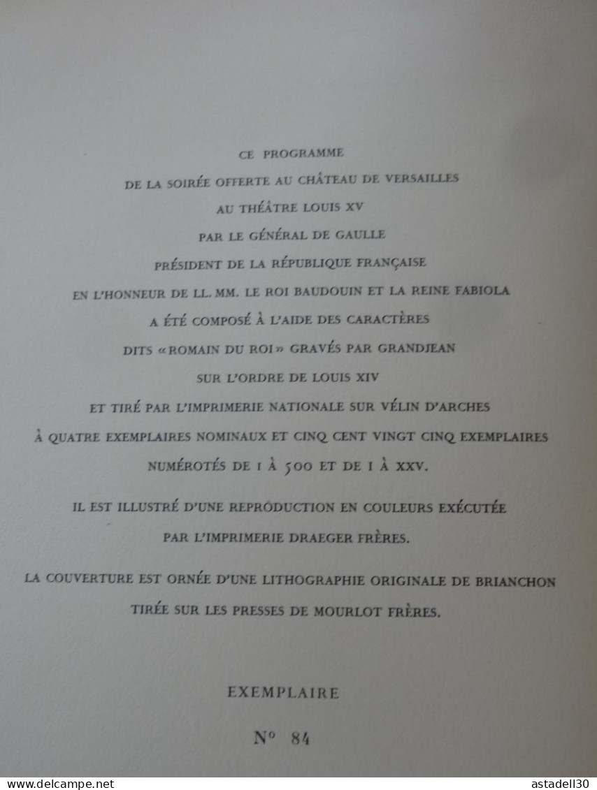 Gal DE GAULLE, Programme Du 26 Mai 1961, A VERSAILLES , Pour Roi & Reine Des Belges, Numéroté 84......... MEU - Programmes