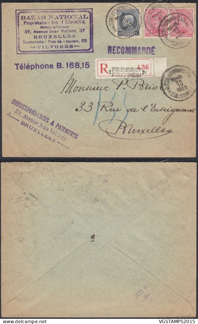 Belgique 1922 - Lettre Reocmmandée à Destination Bruxelles. Mixte:Émission De 1915 Et Montenez... (EB) AR-02413 - 1921-1925 Petit Montenez