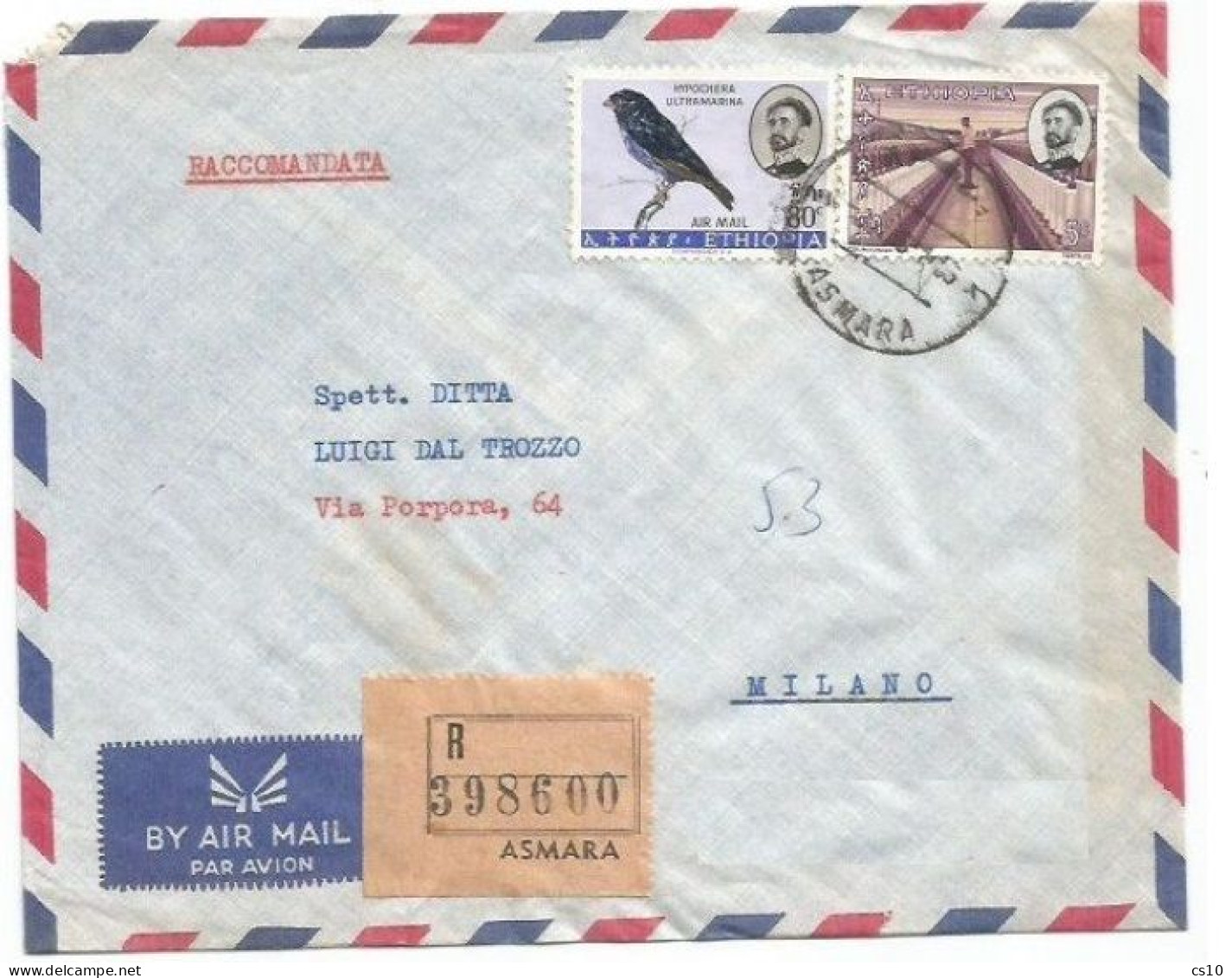 Ethiopia Airmail Registered Commerce Cover Asmara 3jan1966 To Italy With Birds C80 + Regular C5 - Äthiopien