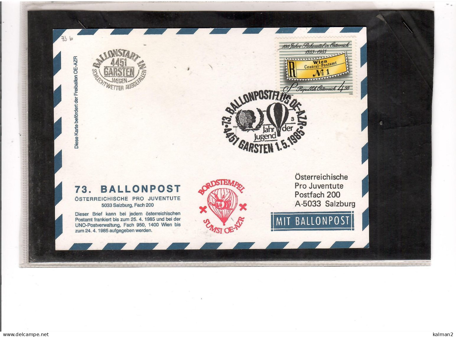 TEM20397   -  GARSTEN 1.5.1985    /  73. BALLONPOSTFLUG -  NETTO KATALOG NR. 73b   - BALLON " OE-AZR SUMSI " - Montgolfières