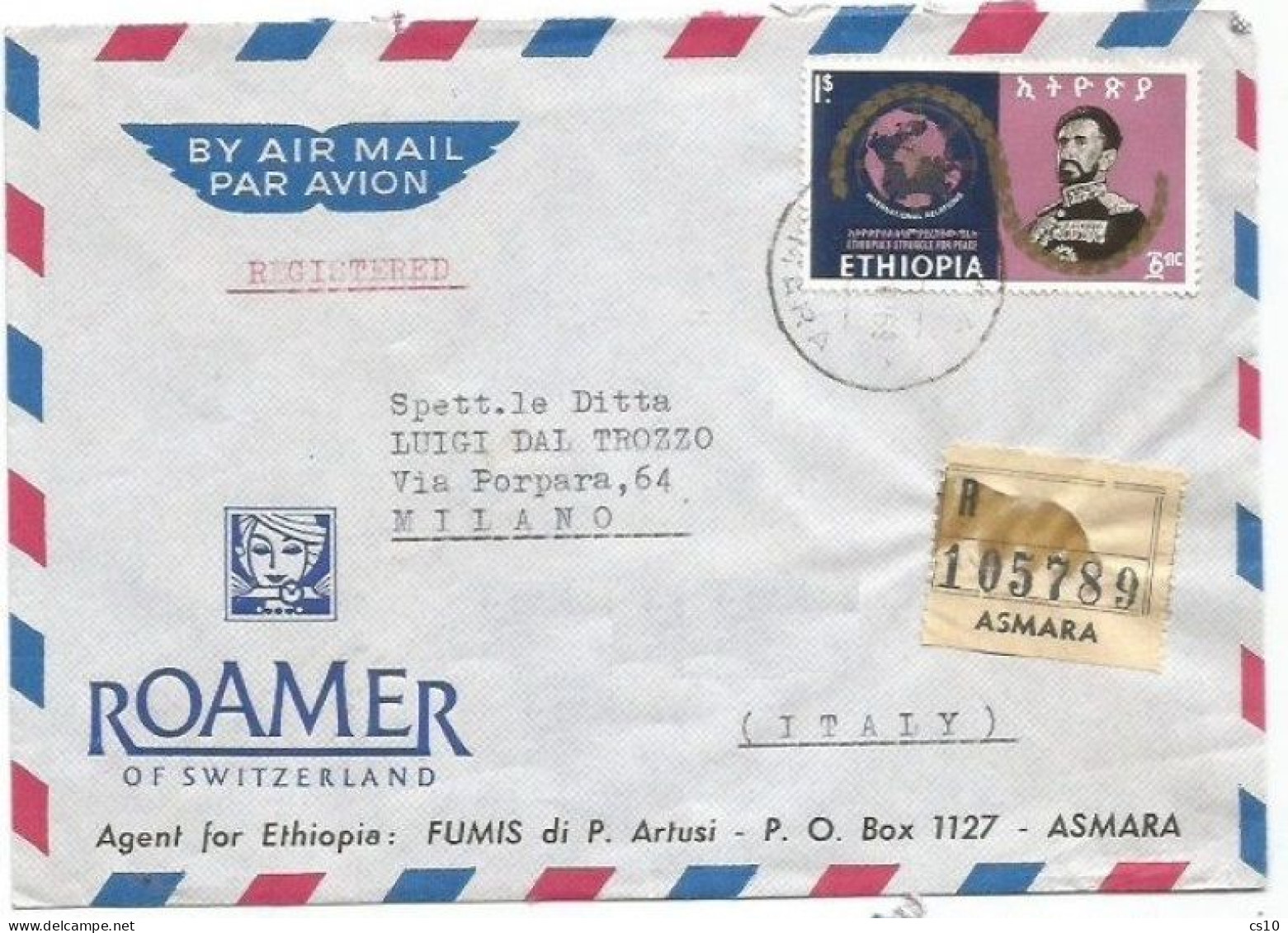 Ethiopia Airmail Registered Commerce Cover Asmara 14jul1969 To Italy With Peace Issue E$1 Solo Franking - Etiopía