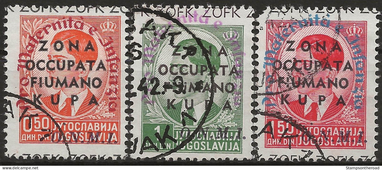 OIKU36-38U - 1941 Occ. Milit. Ital. ZONA FIUMANO KUPA, Sass. Nr. 36/8, Serie Cpl. Di 3 Francobolli Usati Per Posta °/ - Fiume & Kupa