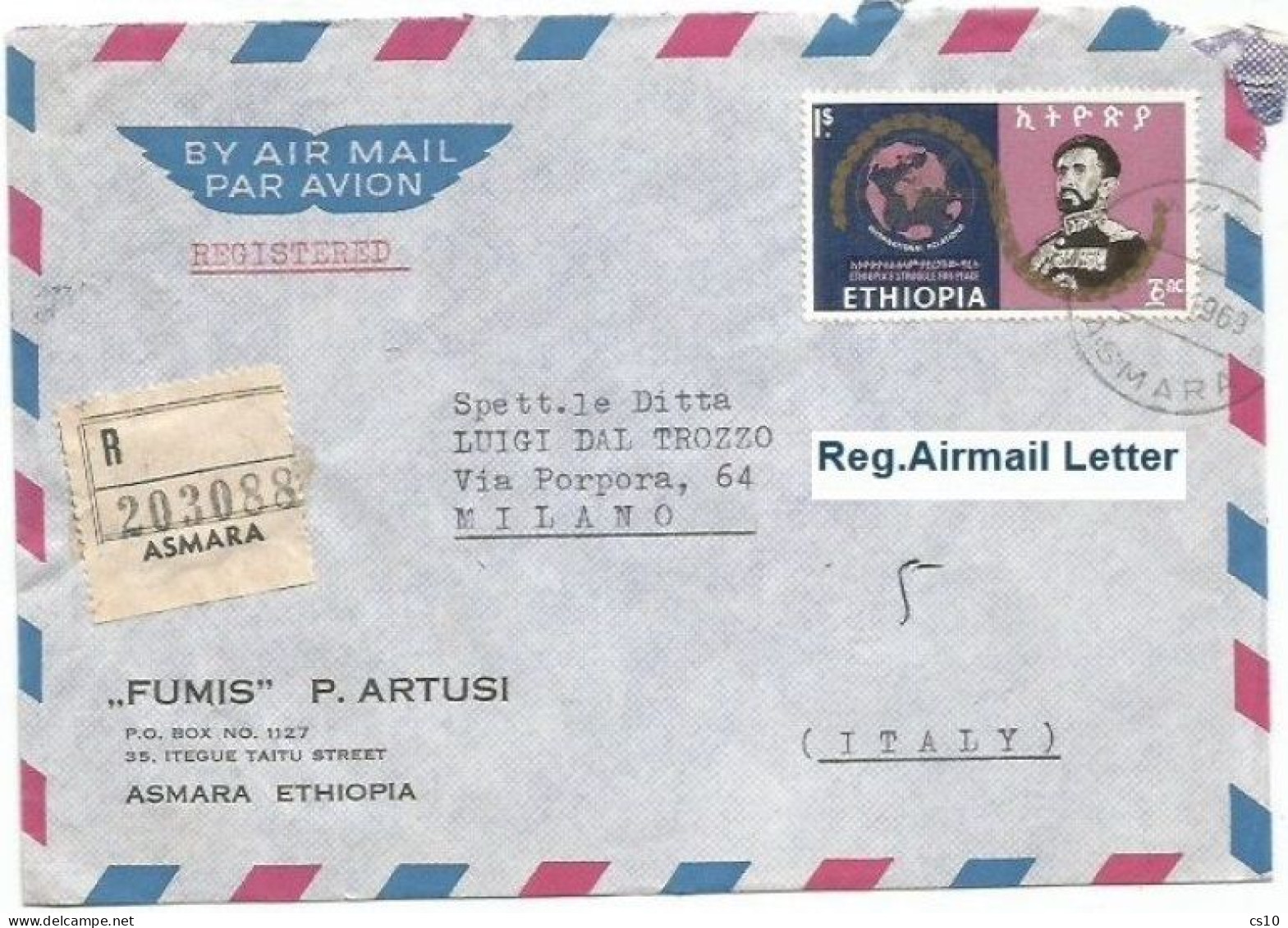 Ethiopia Airmail Registered Commerce Cover Asmara 11jun1969 To Italy With Peace Issue E$1 Solo Franking - Ethiopië