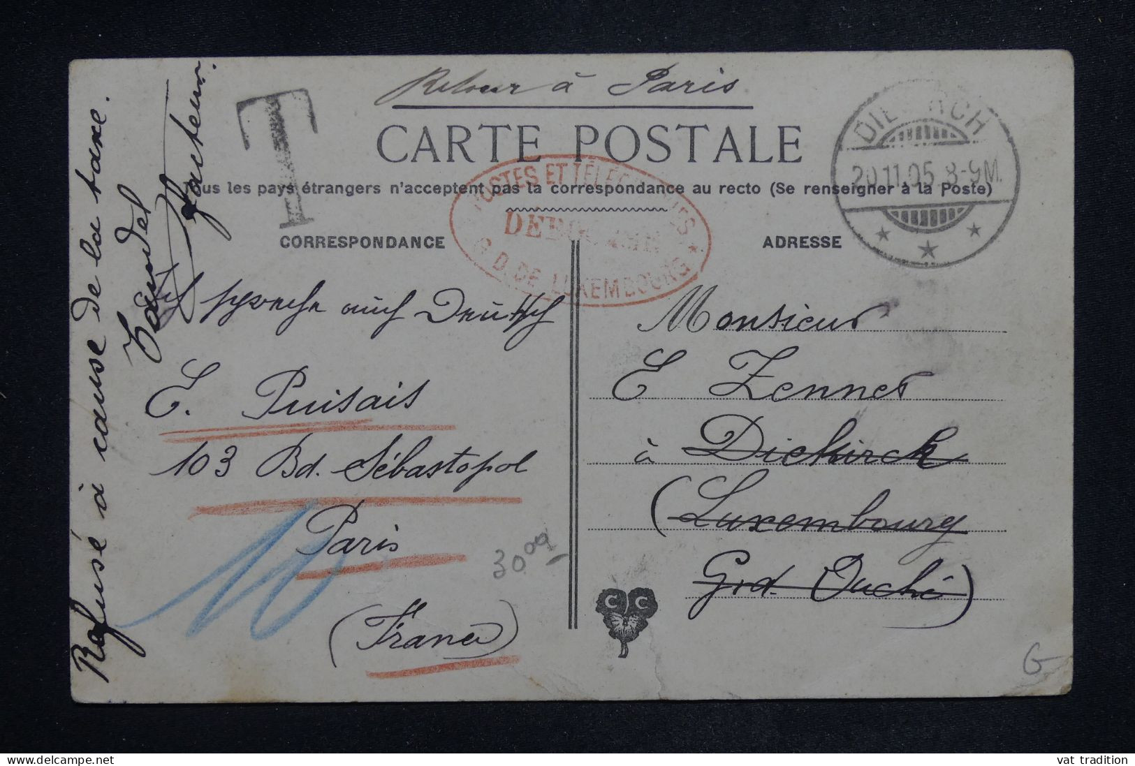 LUXEMBOURG -  Cachet Rouge De Déboursé Sur Carte Postale De Paris Pour Luxembourg Et Retour En 1905 - L 151533 - Briefe U. Dokumente