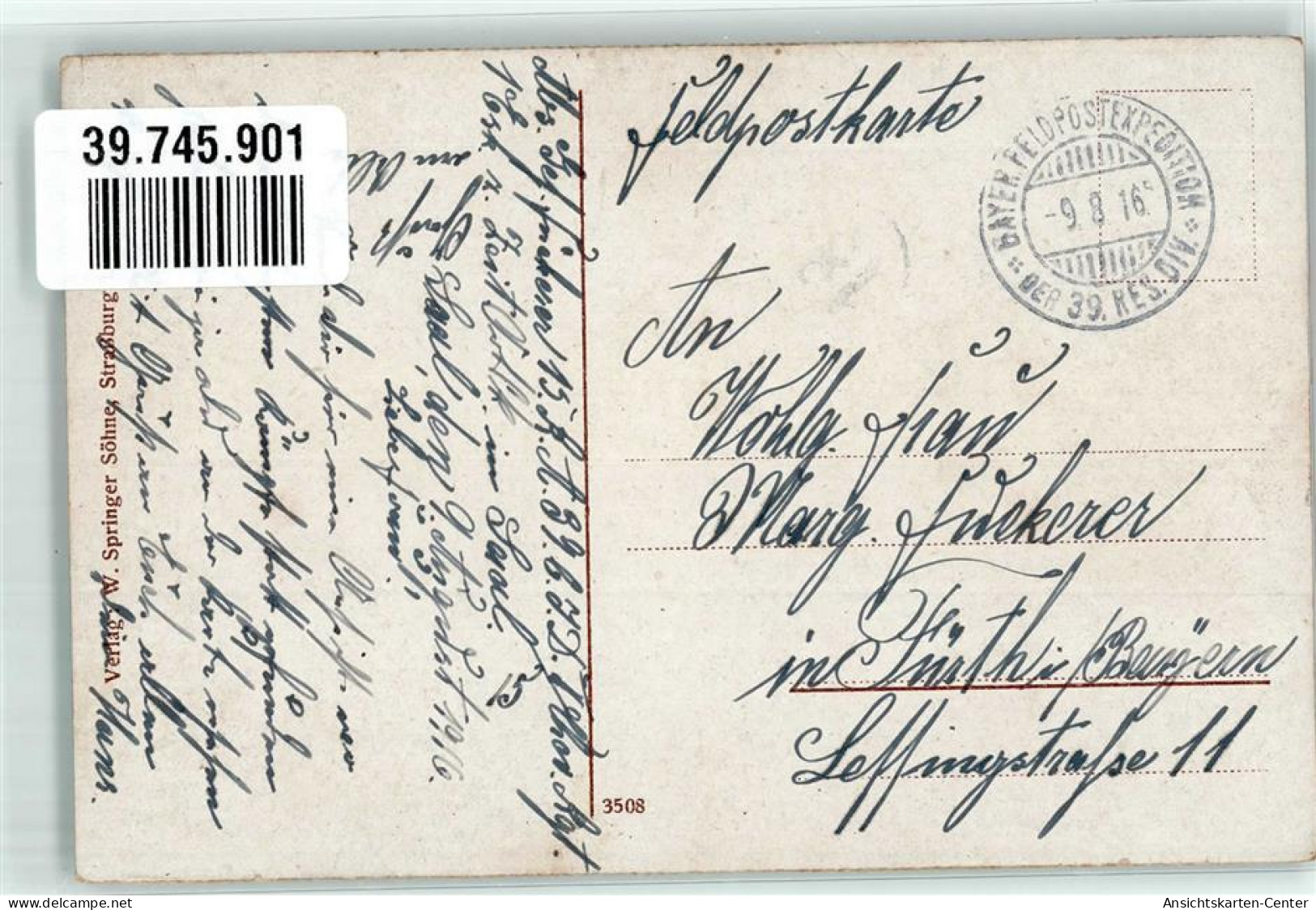 39745901 - Hartmannsweilerkopf Feldpost Bayer. Feldpostexpedition Der 39. Res. Div. - Catastrophes