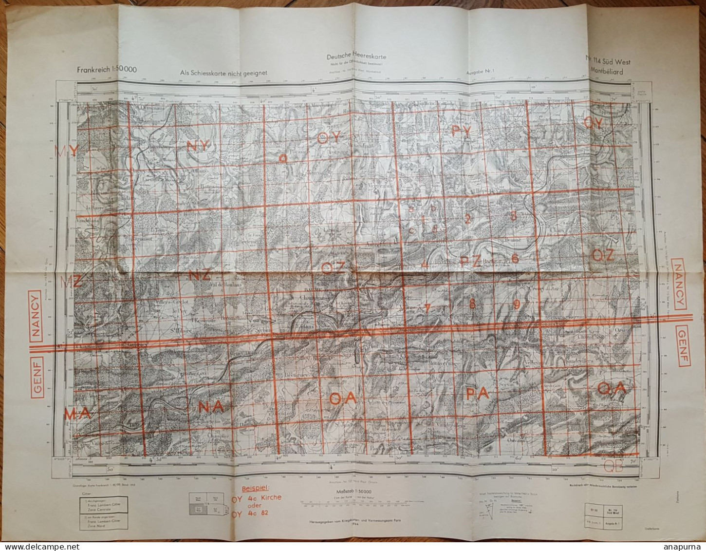 Carte ALLEMANDE Daté 1944, 50 000eme, Franche Comté, Doubs, Deutsche Heereskarte, Kriegskarten, - 1939-45