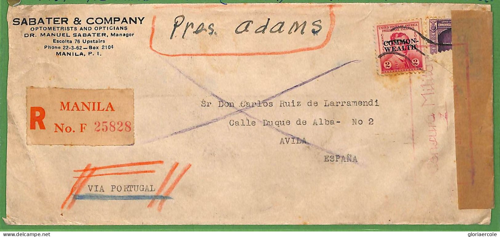 ZA1560 - USA Phillipines - POSTAL HISTORY - Cover To SPAIN - Spanish CENSOR 1937 - Marcophilie