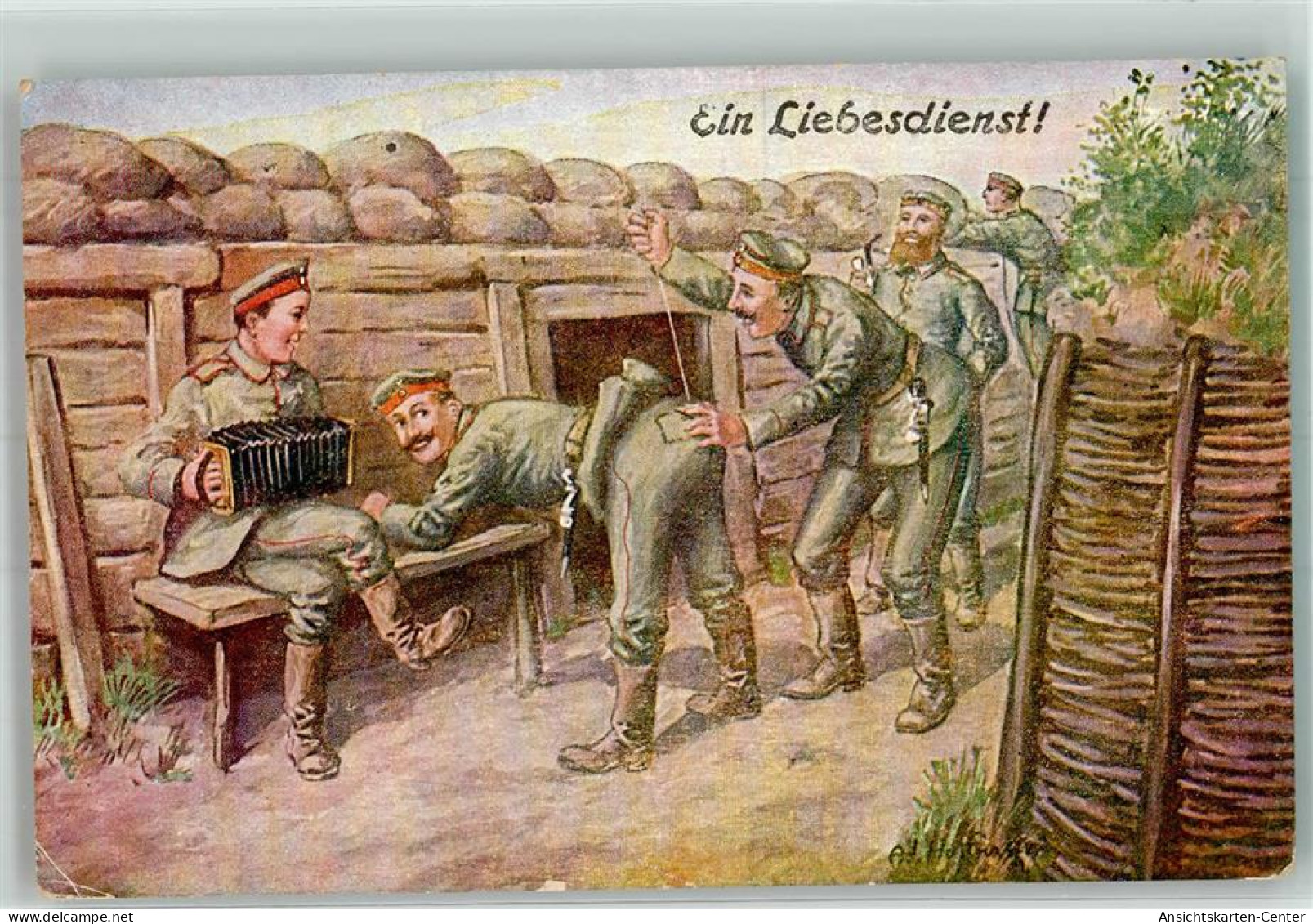 39805001 - Ein Kamerad Naeht Einem Deutschen Landser Im Schuetzengraben Den Hosenboden Uniform Ziehharmonika Pfeife Hum - Hoffmann, Ad.