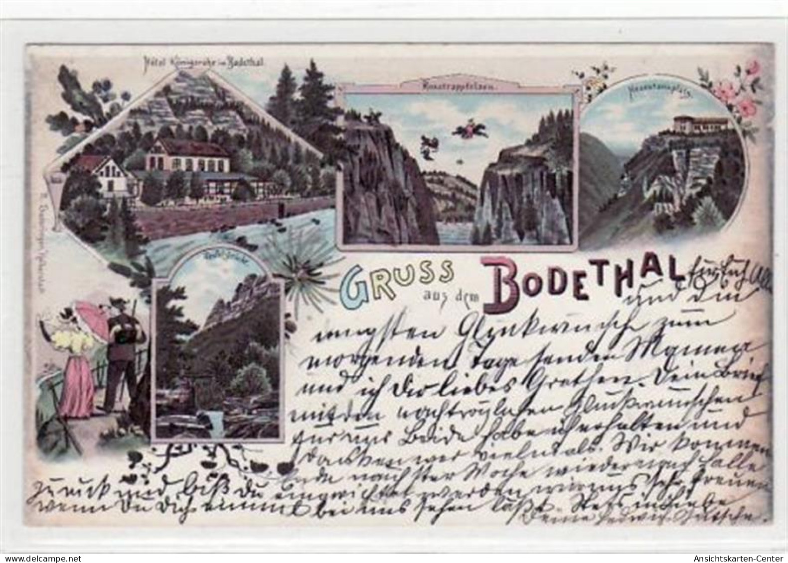 39011201 - Lithographie Gruss Aus Dem Bodethal Mit Hotel Koenigsruhe, Rosstrappfelsen, Hexentanzplatz, Bergblick Und Te - Thale