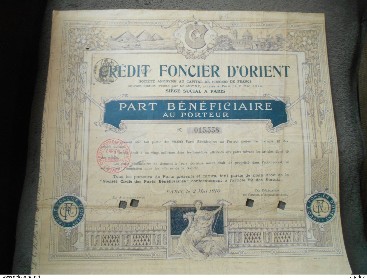 Part Beneficiaire Crédit Foncier D'Orient  1910 Manque 1 Seul Coupon - Banque & Assurance