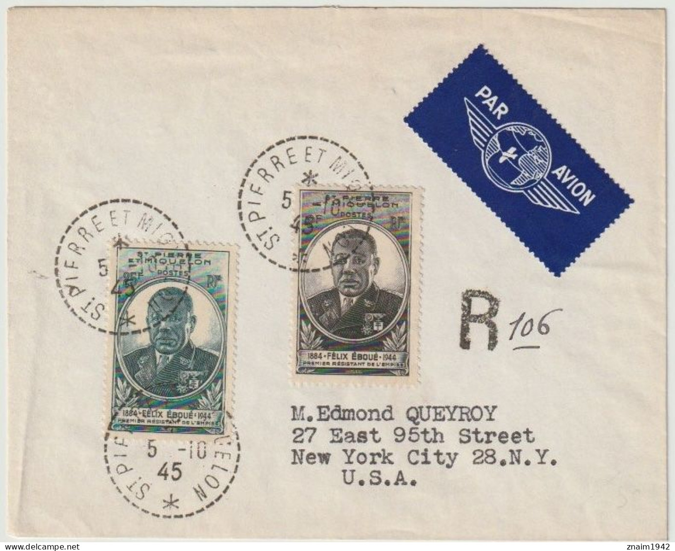 1945 ST PIERRE MIQUELON LETTRE RDEE AFFR YVERT 323/24 OBLITERES ST PIERRE MIQUELON 5 - 10  1945 - Storia Postale