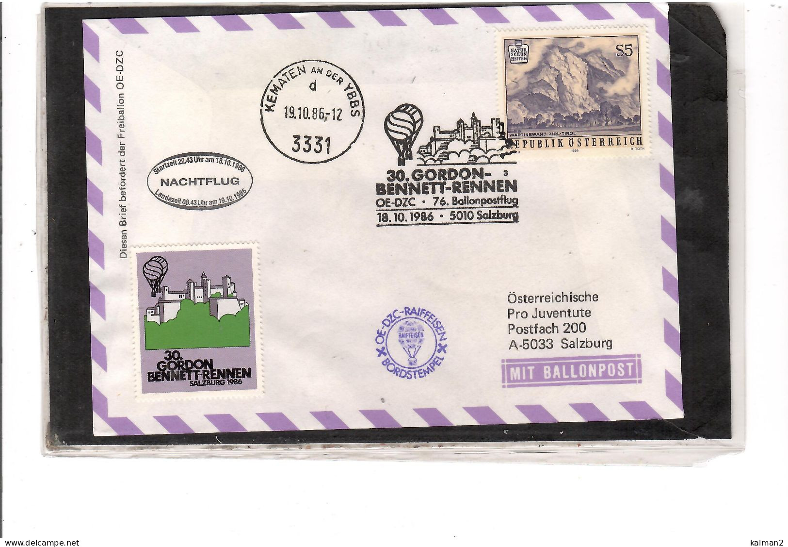 TEM20406   -  SALZBURG 18.10.1986  /  76. BALLONPOSTFLUG -  NETTO KATALOG NR. 76b   - BALLON "  OE - DZC " - Airships