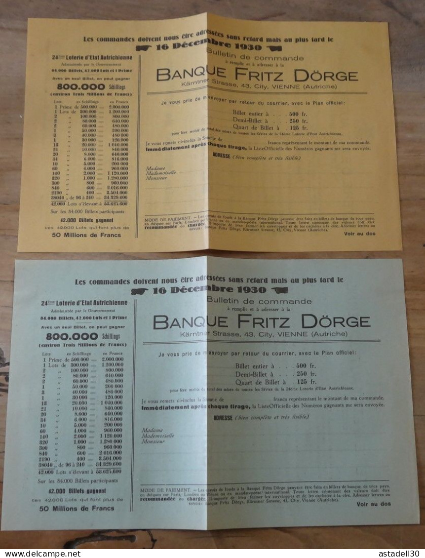 OSTERREICH : Loterie D'Etat Autrichienne 1930, Publicité .......... CL9-52a - Billets De Loterie