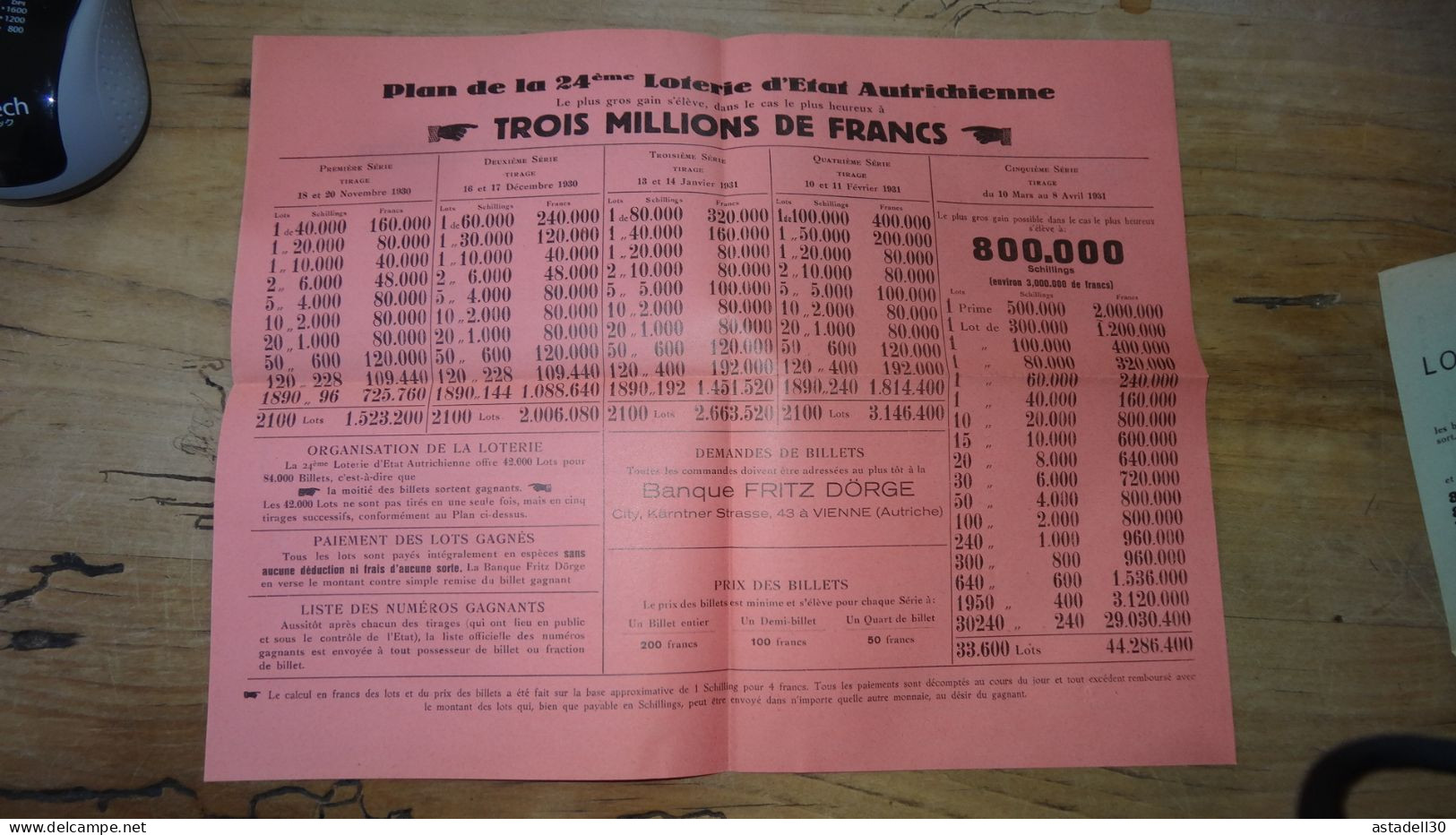 OSTERREICH : Loterie D'Etat Autrichienne 1930, Publicité .......... CL9-52a - Billetes De Lotería