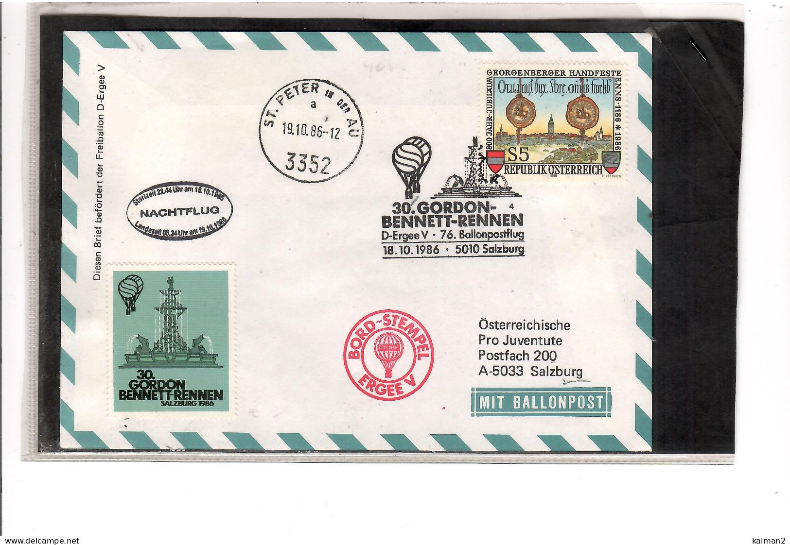 TEM20411   -  SALZBURG 18.10.1986  /  76. BALLONPOSTFLUG -  NETTO KATALOG NR. 76a   - BALLON "  D-ERGEE V  " - Luchtballons