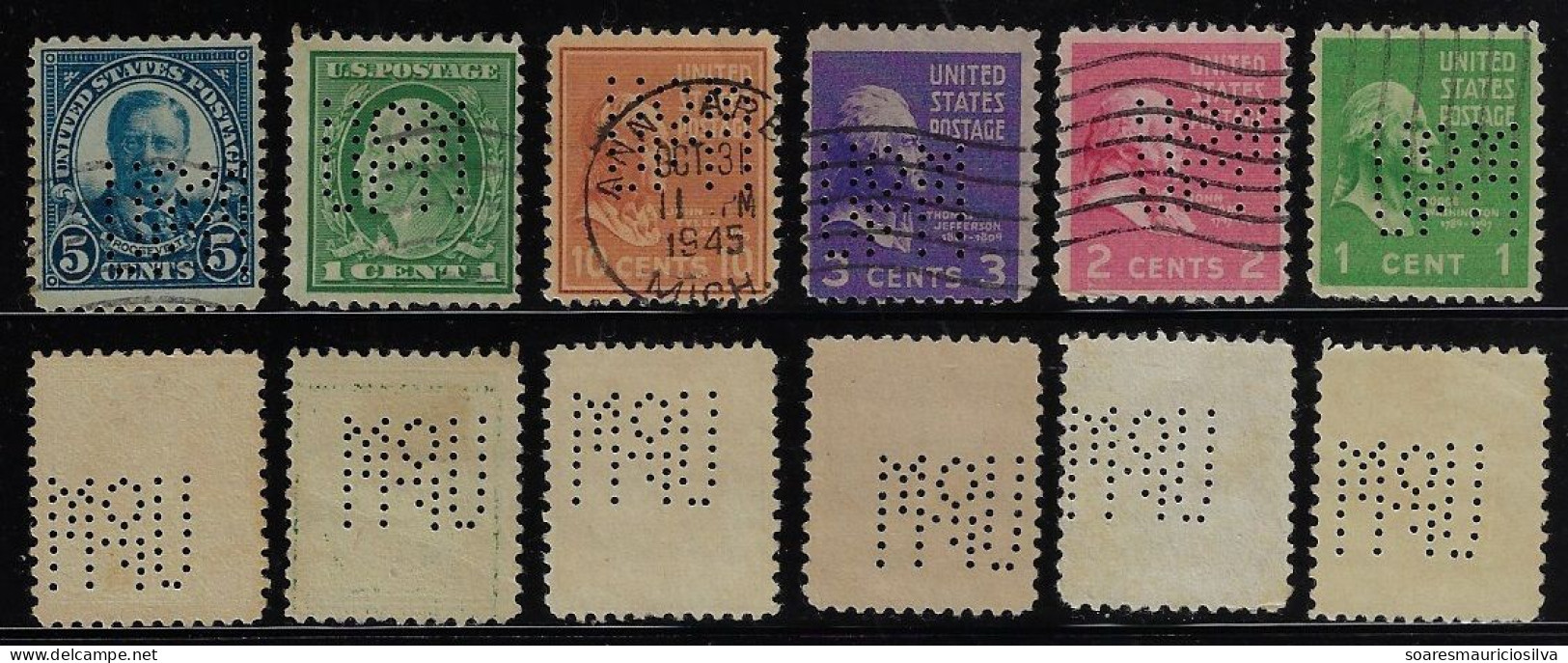 USA United States 1912/1971 6 Stamp With Perfin U/OF/M By University Of Michigan From Ann Arbor Lochung Perfore - Perfin