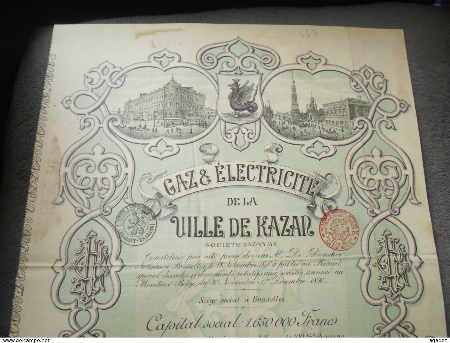 Action Au Porteur Gaz Et Electricité De La Ville De Kazan Russie Russia  1896 - Electricité & Gaz