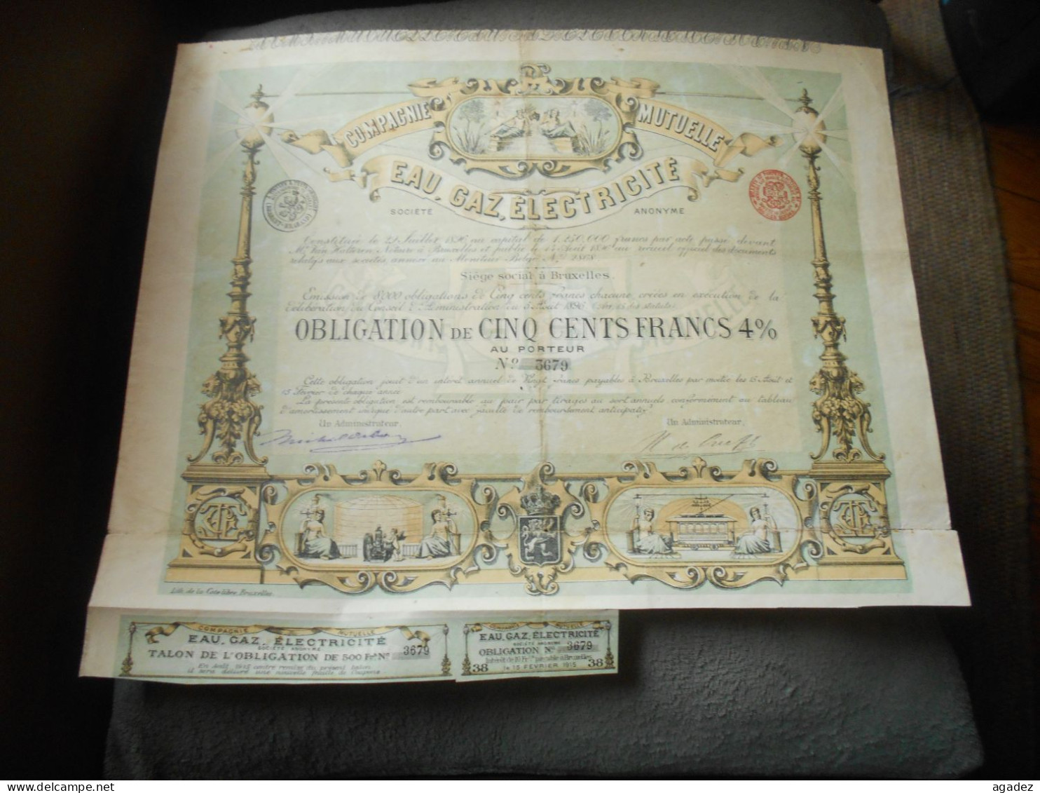 Obligation De 500 Francs Compagnie Mutuelle Eau  Gaz  Electricité Bruxelles   1896 - Electricidad & Gas