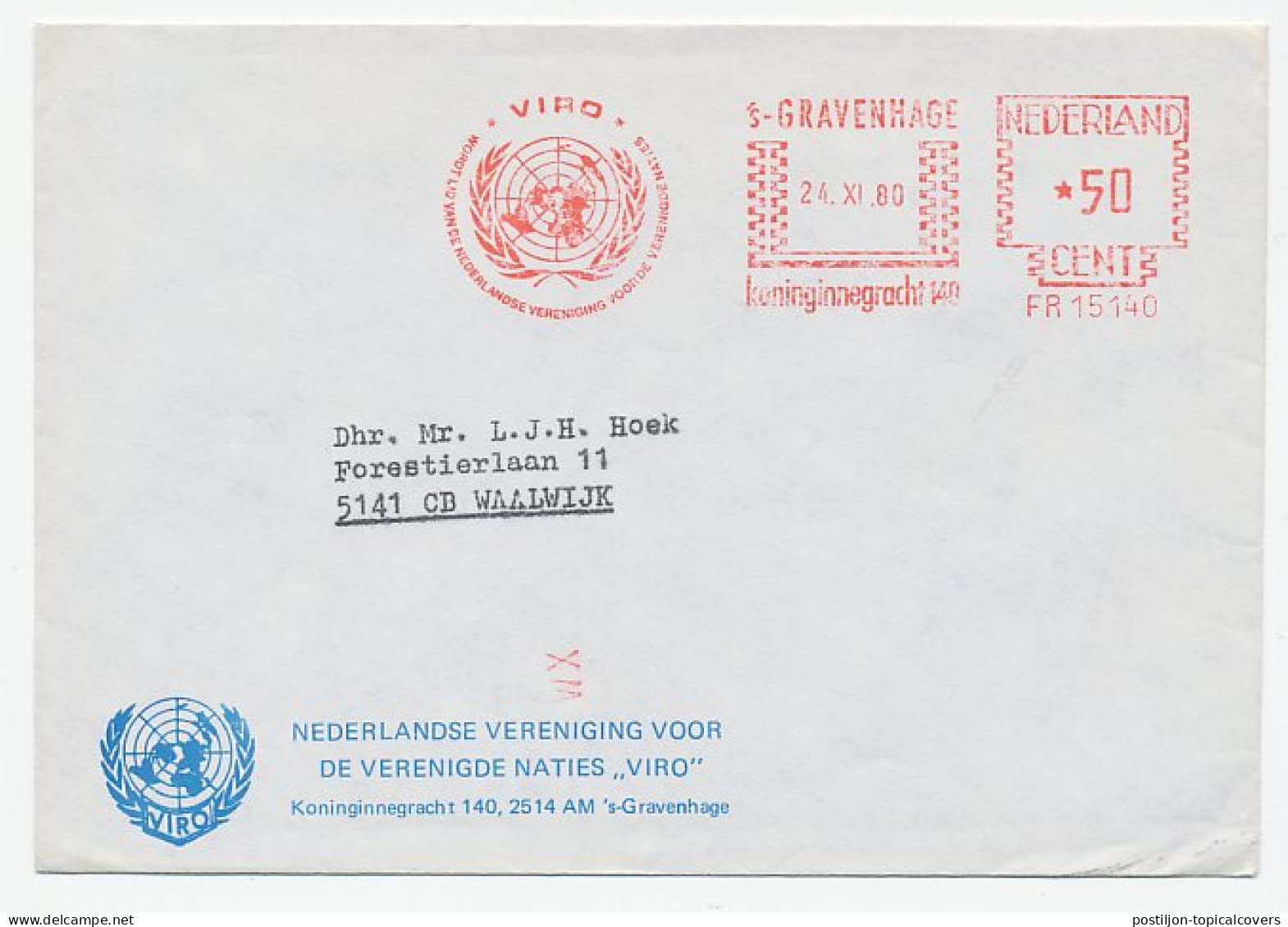 Meter Cover Netherlands 1980 United Nations - VIRO - VN