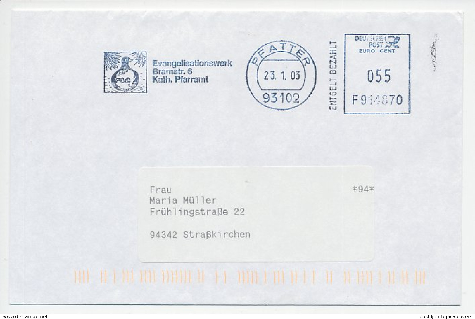 Meter Cover Germany 2003 Evangelization - Pigeon - Dove - Other & Unclassified