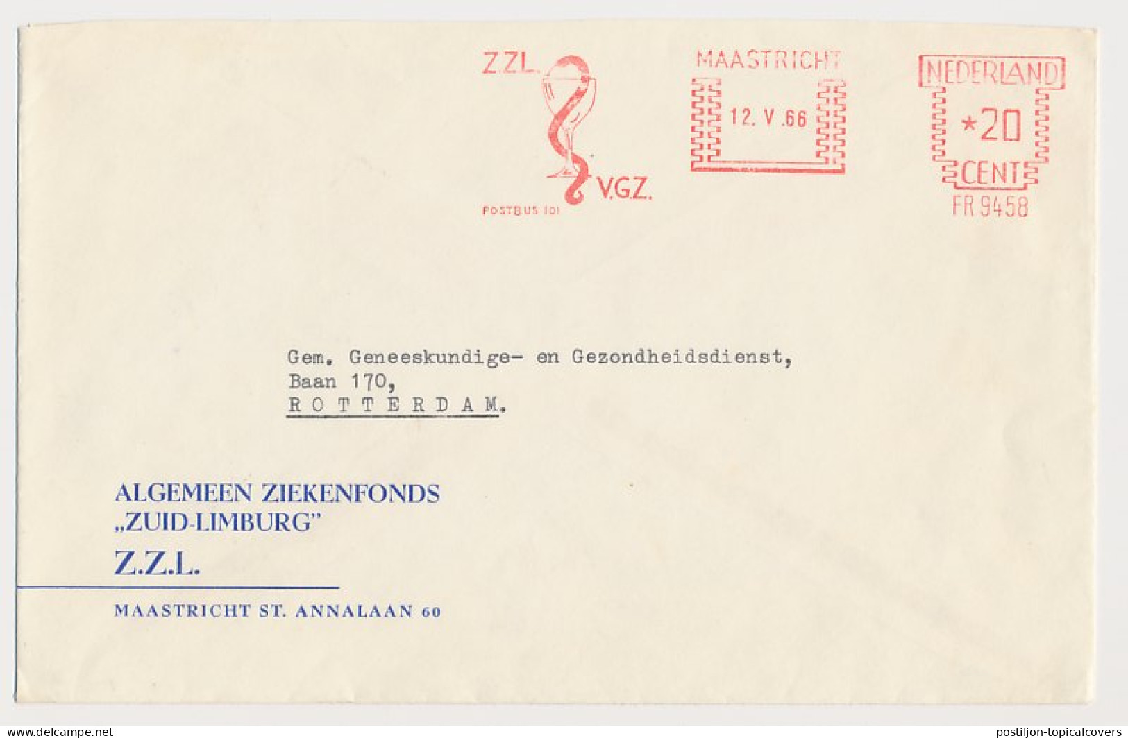 Meter Cover Netherlands 1966 Aesculapius - Snake - Maastricht - Other & Unclassified