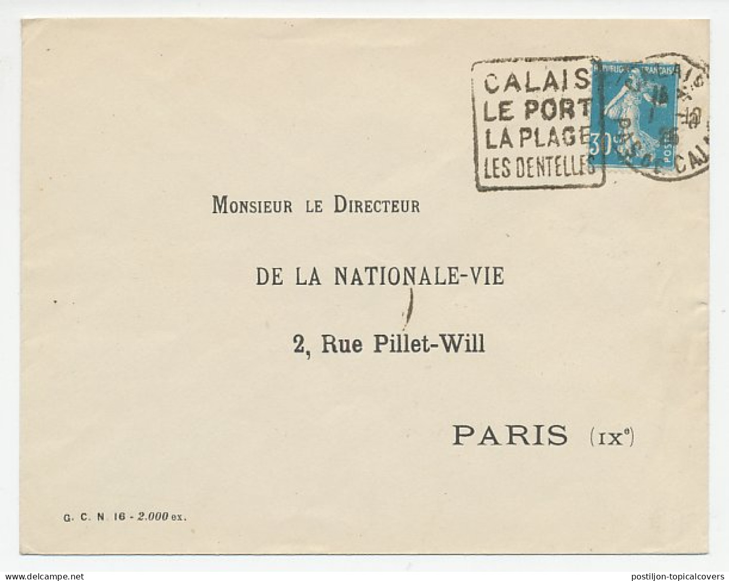 Cover / Postmark France 1926 Lace - Calais - Textil