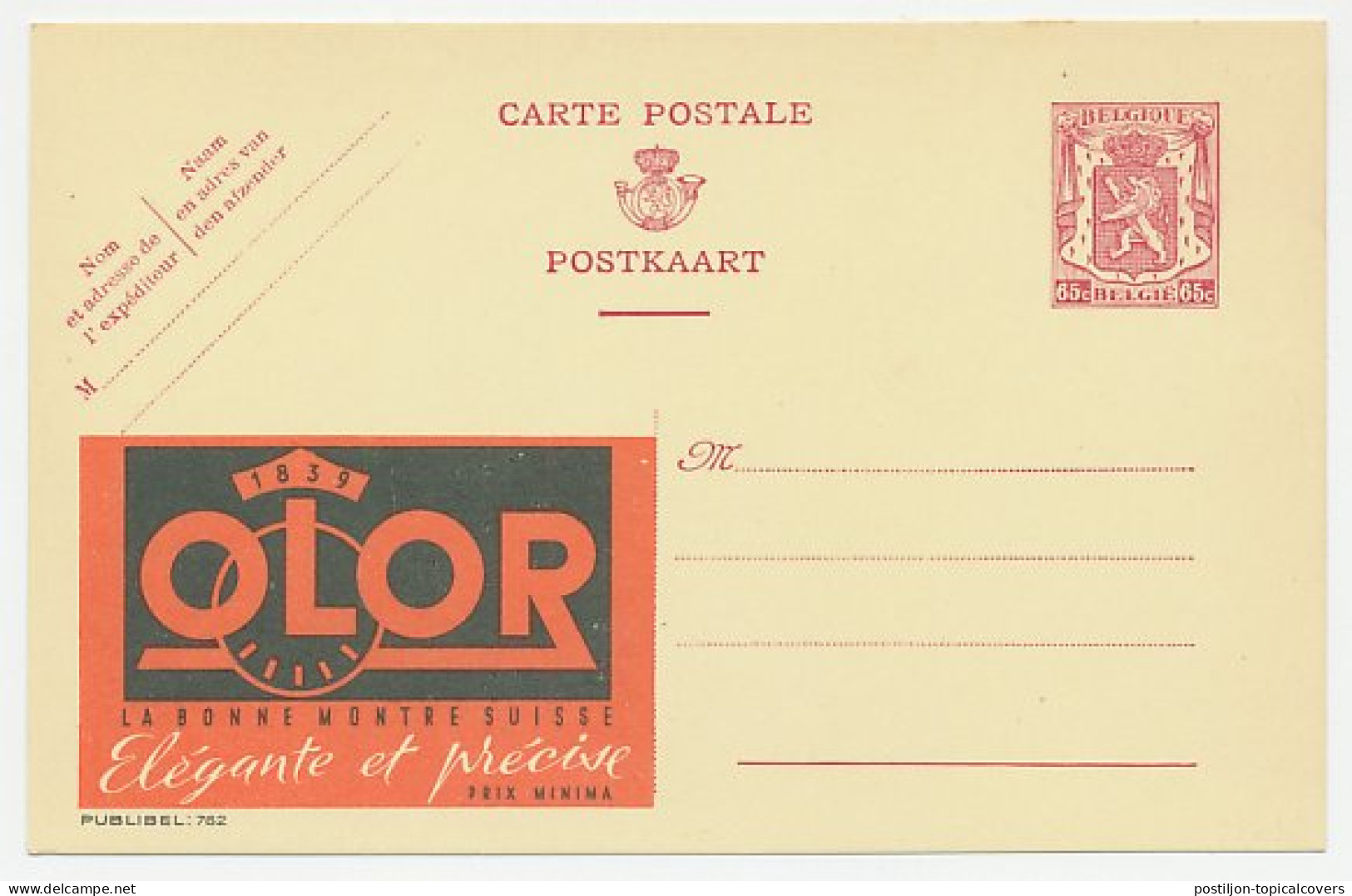 Publibel - Postal Stationery Belgium 1946 Watch - Olor - Clocks