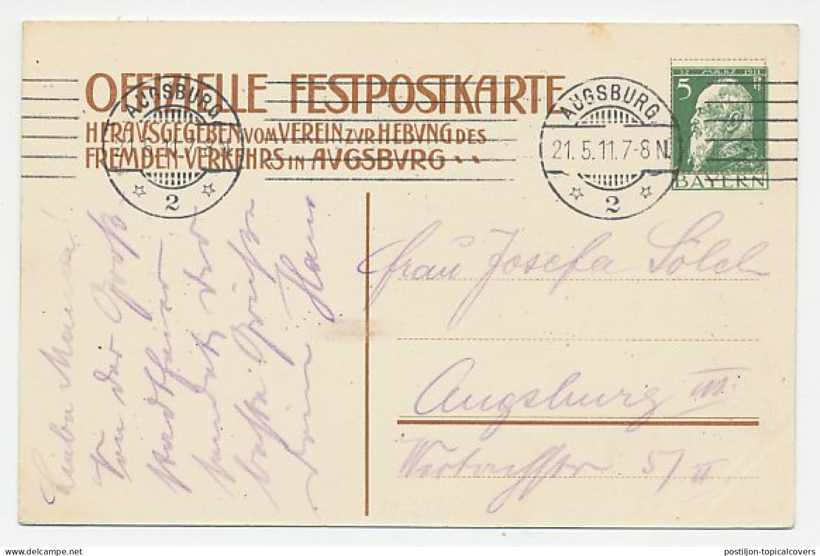 Postal Stationery Bayern 1911 Grosstadtfeier Augsburg - Carnevale