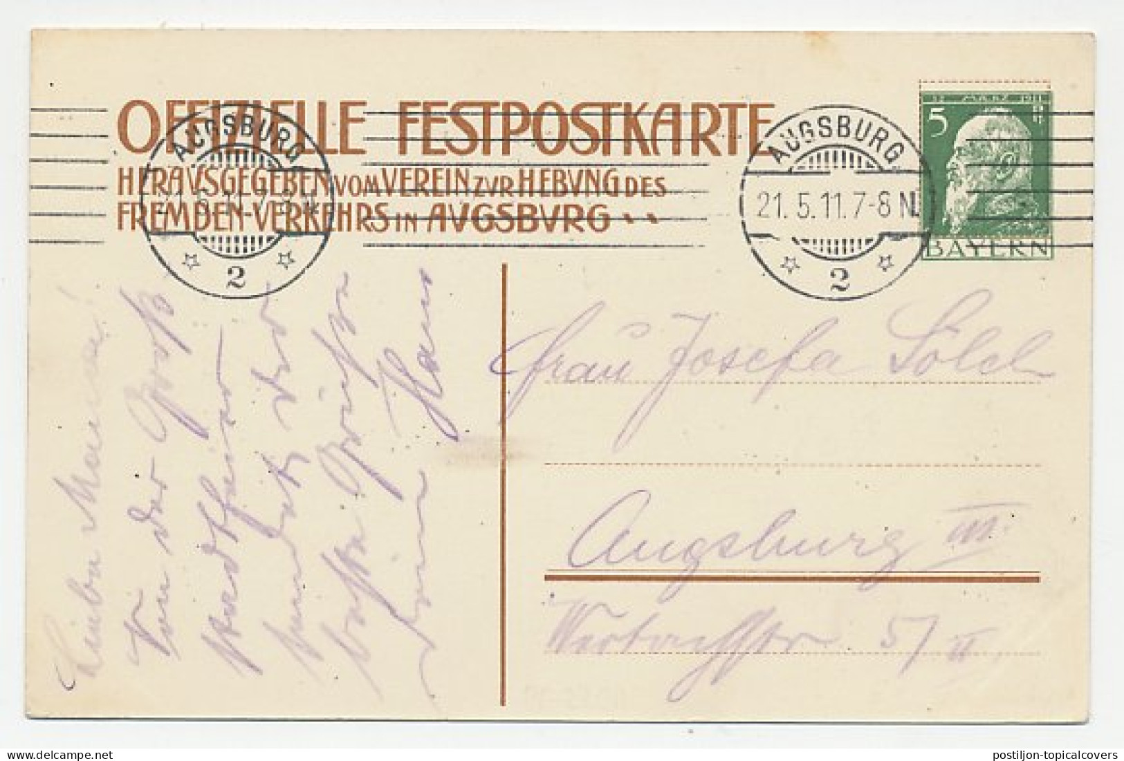 Postal Stationery Bayern 1911 Grosstadtfeier Augsburg - Karnaval