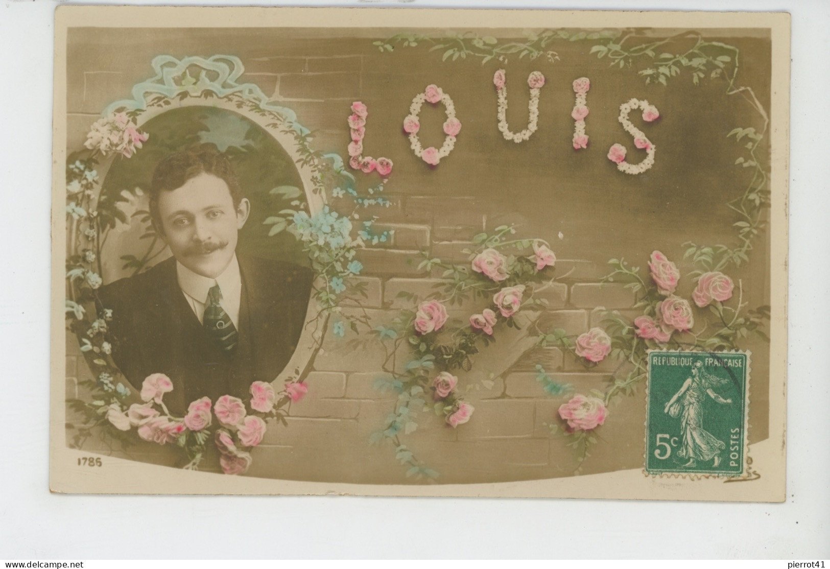 HOMMES - Jolie Carte Fantaisie  Portrait Homme Dans Cadre Et Fleurs Prénom LOUIS - Prénoms