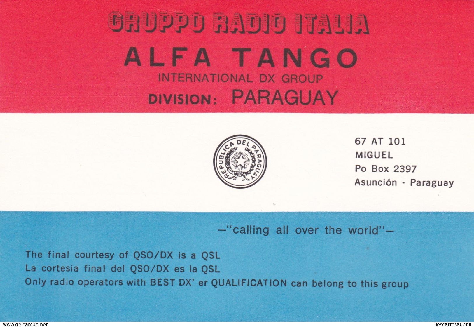 Qsl Alfa Tango Division Paraguay 1991 Op Miguel 67 AT 101 - CB