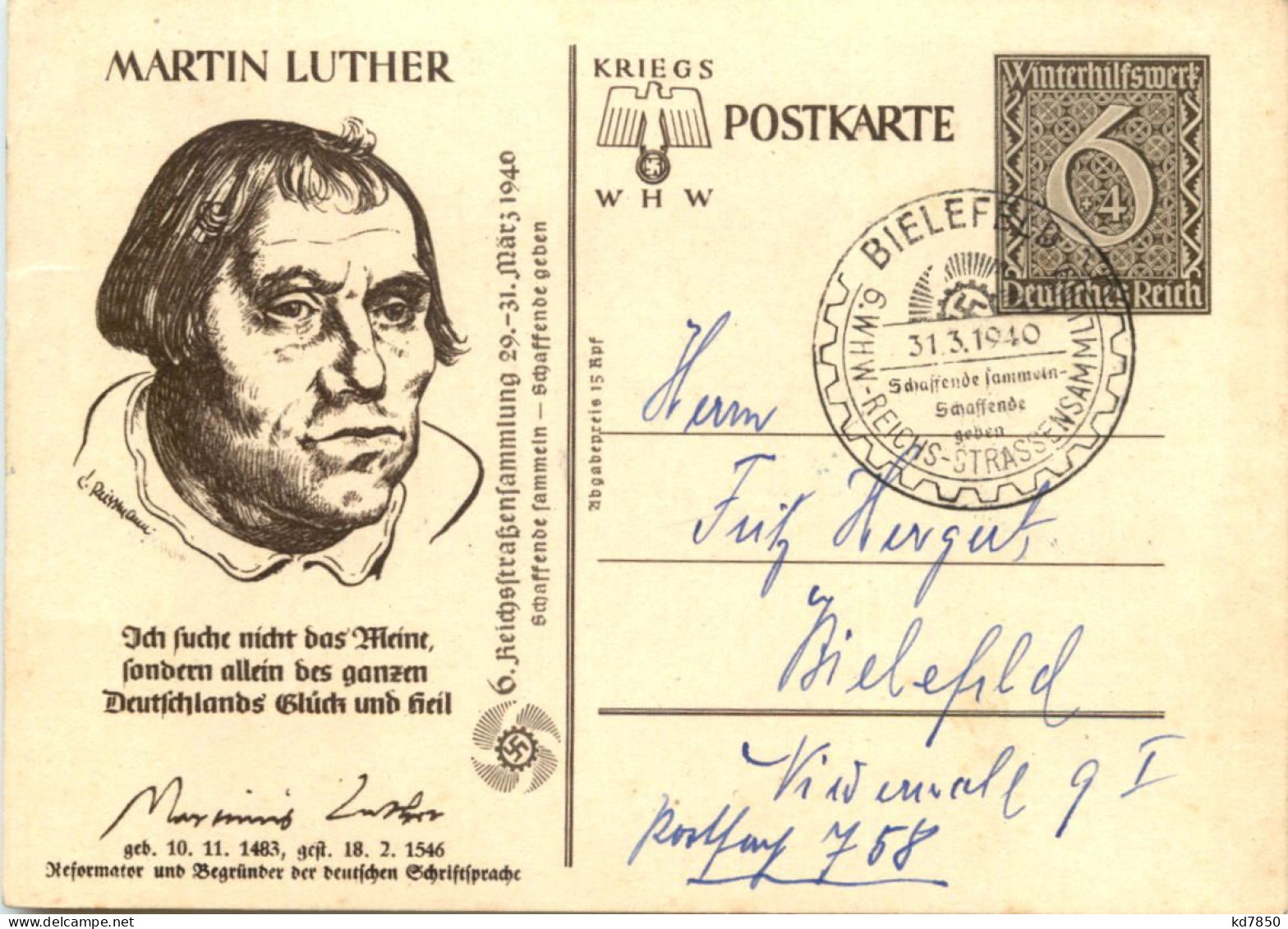 WHW Martin Luther - Ganzsache Bielefeld - Guerra 1939-45