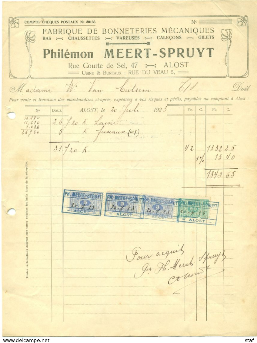 Oude Factuur Philéon Meert-Spruyt Uit Aalst - 1923 - Textiel - Automovilismo
