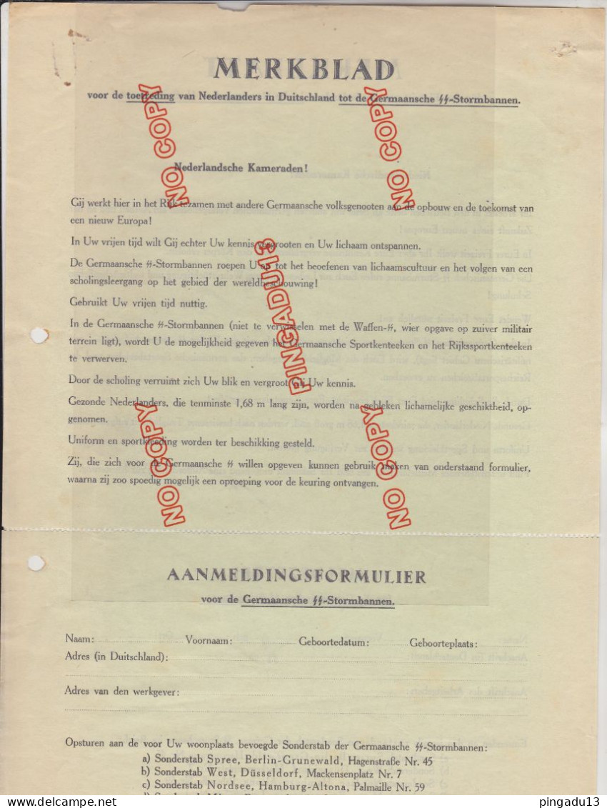 Waffen Merkblatt Für Den Eintritt Von Niederländern In Die Germanischen .. Sturmbanne Pays Bas Nederland * Très Rare - 1939-45