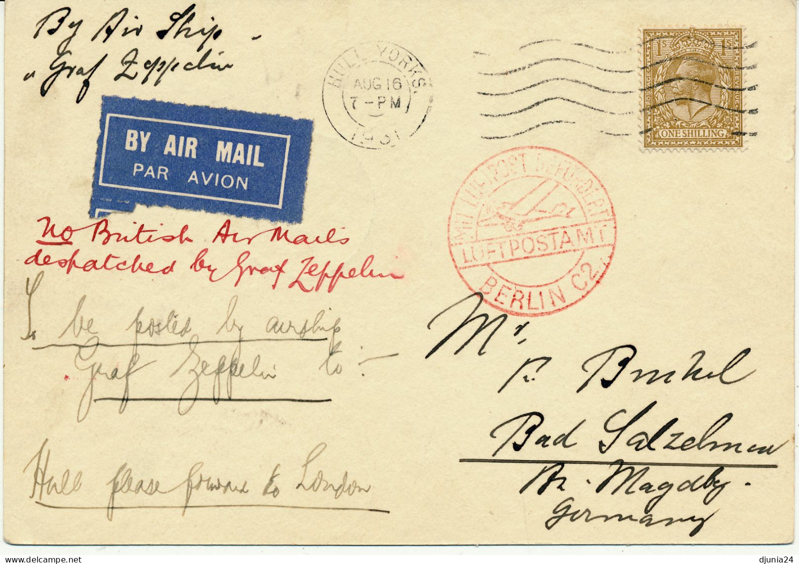 BF0650 / ENGLAND - HULL  -  16.8.31  , By Air Ship Graf Zeppelin  -  Nach Bad Salzelmen - Stamped Stationery, Airletters & Aerogrammes