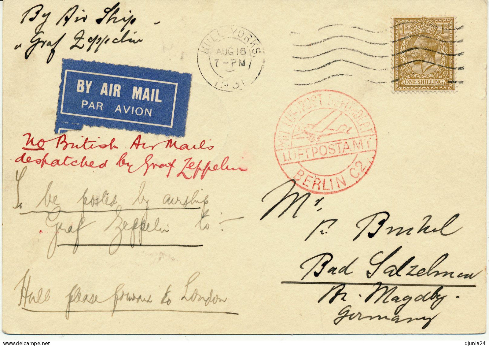 BF0650 / ENGLAND - HULL  -  16.8.31  , By Air Ship Graf Zeppelin  -  Nach Bad Salzelmen - Material Postal