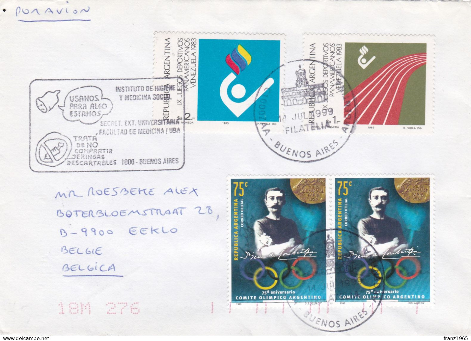 From Argentina To Belgium - 1999 - Lettres & Documents