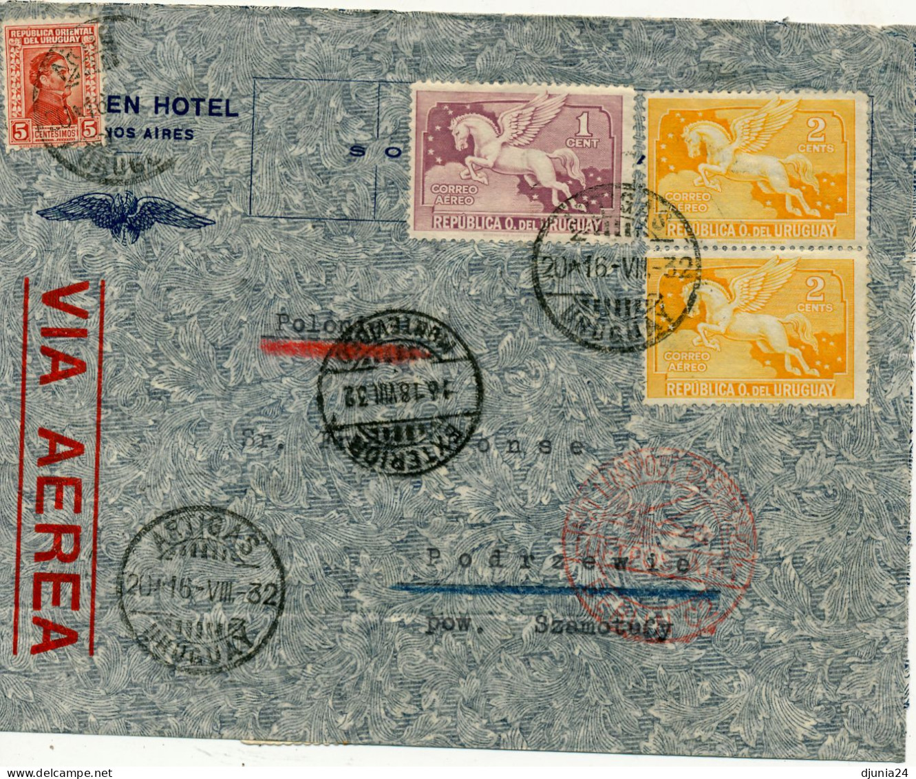 BF0651 / URUGUAY  -  ARTIGAS  -  16.VIII.1932  ,  Luftpost über Montevideo - Paris - Berlin - Posen Nach PODRZEWIE - Uruguay