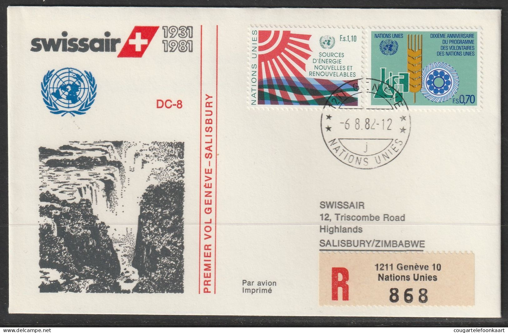 1982, Swissair, Erstflug, Genf UN - Salisbury Zimbabwe - Erst- U. Sonderflugbriefe