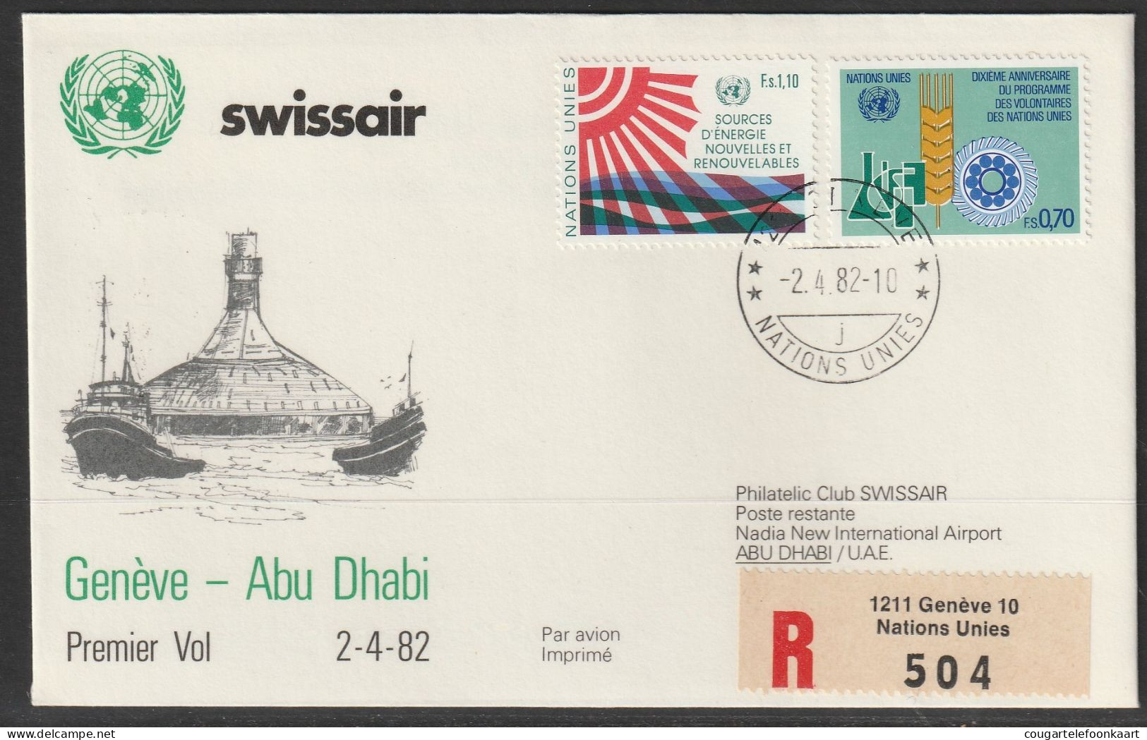 1982, Swissair, Erstflug, Genf UN - Abu Dhabi UAE - Erst- U. Sonderflugbriefe
