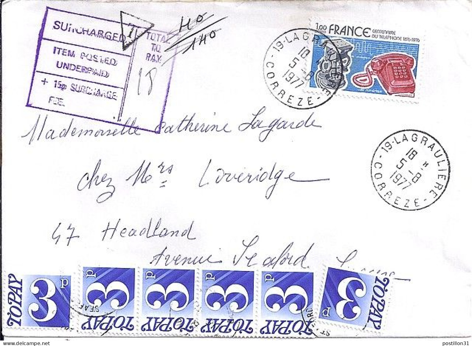 LETTRE DE LAGRAULIERE/5.8.77 POUR L’ANGLETERRE TAXEE - 1960-.... Lettres & Documents