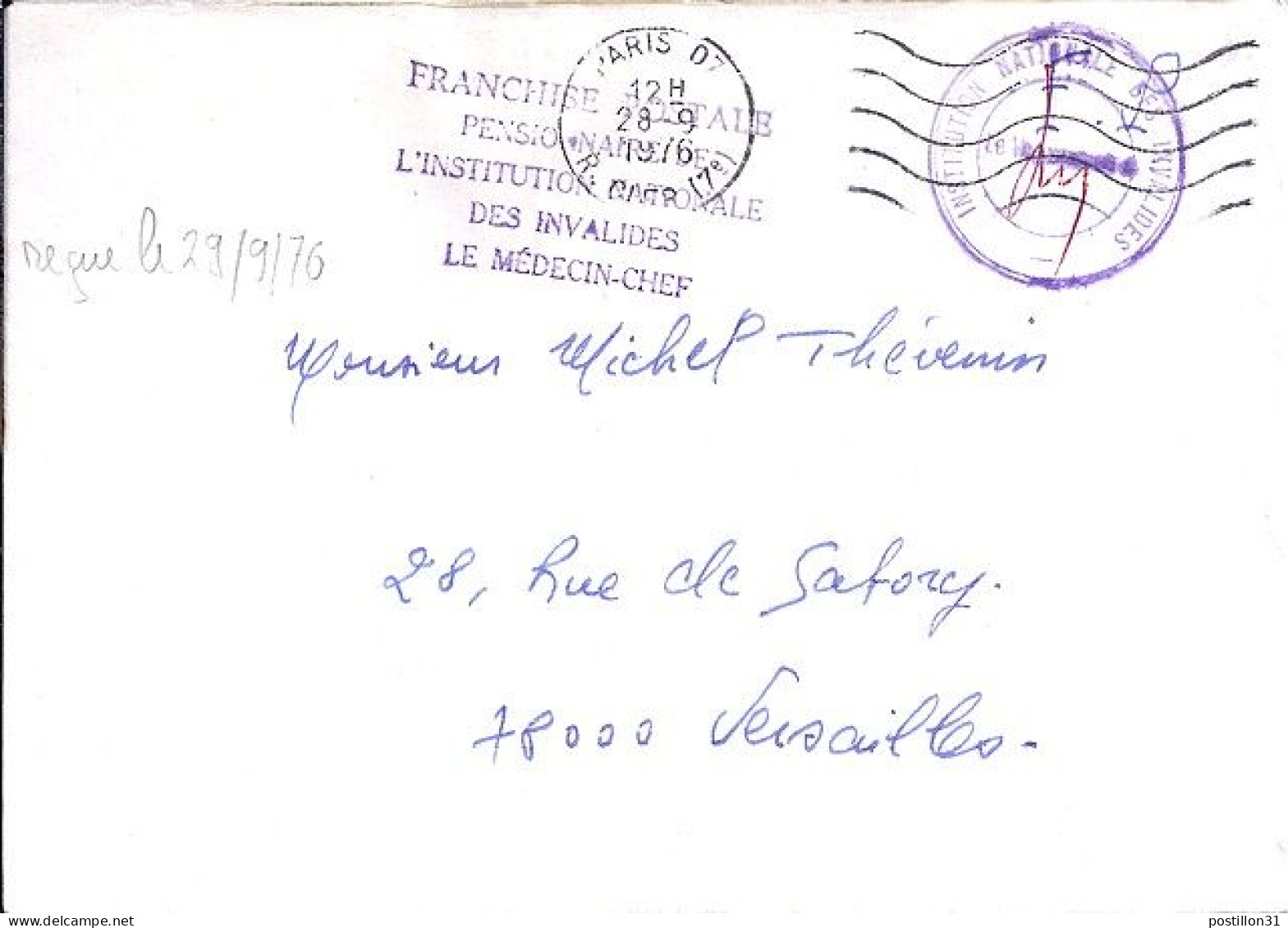 TAXE N° FRANCHISE POSTALE S/L. DE INSTITUTION NATIONALE DES INVALIDES/1976-81 - 1960-.... Brieven & Documenten