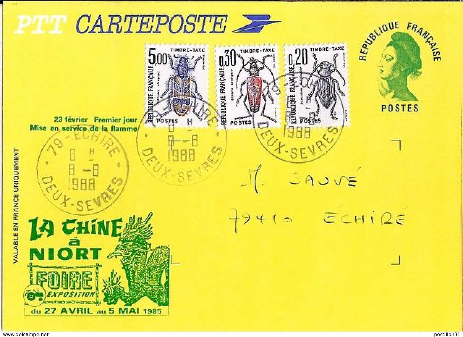 TAXE N° 112/109/104 S/E.P. DE ECHIRE TAXEE LE 8.8.88 (DATE INT.) - 1960-.... Cartas & Documentos